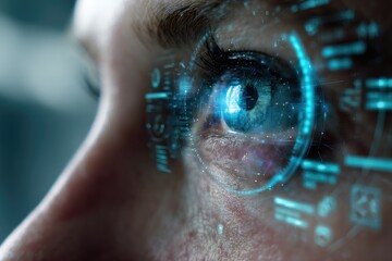 Close-up of a human eye with a glowing digital interface superimposed. Futuristic concept