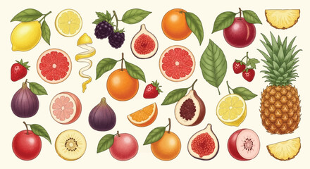 Vector art of assorted vintage fruit illustration featuring pineapple, lemon, orange, and strawberry