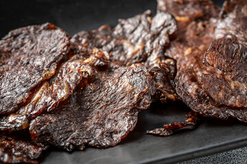 Closeup of dried beef jerky
