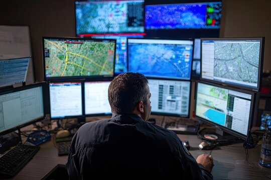 A person is working on multiple computer screens in a dark room with map and data displays - Powered by Adobe