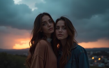 A two young attractive women against stormy sky in the evening. High quality