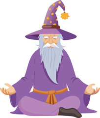 A wizard in lotus position, hands crossed, exuding calm and wisdom in a mystical setting.