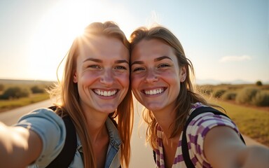 Happy young couple taking selfie on the road on a sunny day. Travel and adventure concept. High quality