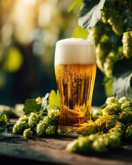 Glass of Light Beer with Fresh Hops