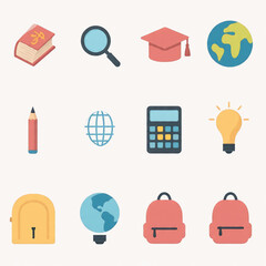 Collection of educational and learning icons, including a book, magnifying glass, graduation cap, and globe, symbolizing knowledge and academic pursuits