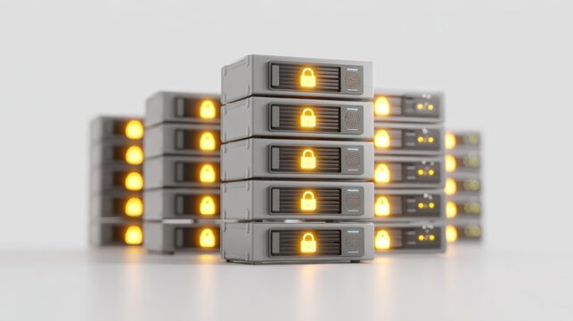 Secure Server Data Center: Illuminated Padlock Icons on Modern Servers, High-Tech Cybersecurity Concept