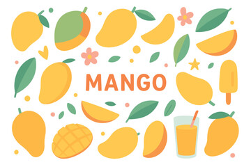 Colorful mango pattern with leaves, flowers, and juice elements
