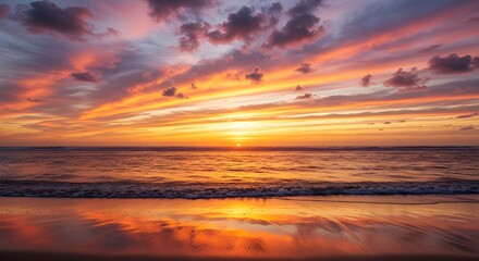 Obraz premium Beautiful colorful sunset sky over ocean waves reflecting on sandy beach 