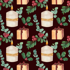 Merry Christmas Happy New Year seamless watercolor pattern with candy cane, candle 