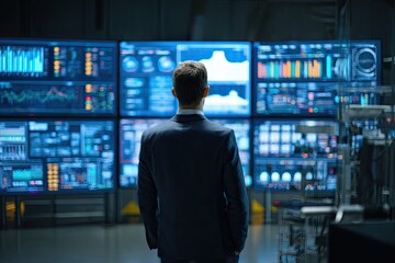 A man in a suit stares at multiple screens displaying data and graphs in a technological setting
