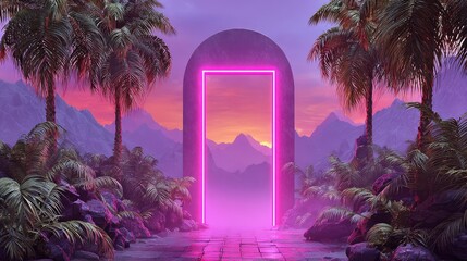 Pink Neon Portal In Lush Digital Landscape