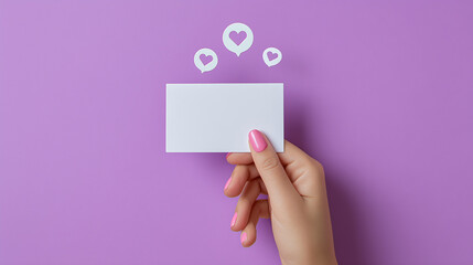 woman hand holding a blank card with pink background