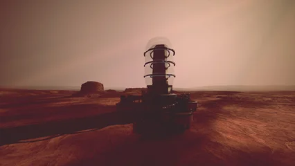 Fotobehang Bordeaux A futuristic device stands amid the rugged terrain of Mars. The backdrop features the planet’s reddish landscape under a hazy sky, suggesting an eerie yet captivating atmosphere.  © icetray