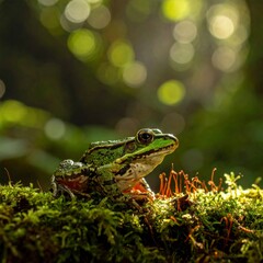 Obraz premium Green Frog on Mossy Ground.