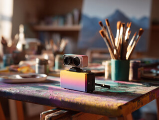 Abstract tech rests on an art studio desk. Colorful, creative space. Idea of tech in art, visual exploration, or digital creativity. Conceptual, eyecatching.