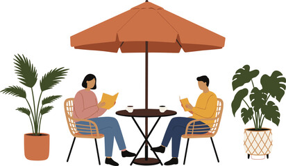 Outdoor reading illustration, people at table, patio umbrella, wicker chairs, potted plants, cozy lifestyle, garden relaxation, leisure activity, social scene