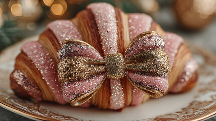 Pink croissant with glitter and gold accents, oversized matching bow, whimsical festive dessert concept