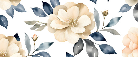 Seamless cream flower watercolor pattern. Soft floral design with blue and gray leaves. Elegant cream blossom repeated on white background. Floral motif for fabric and wallpaper.
