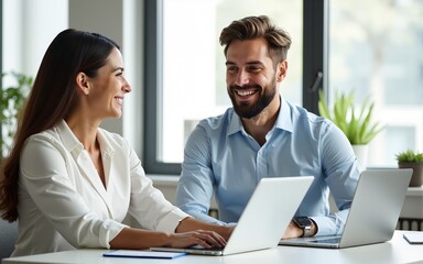 Fototapeta premium A photo of two smiling business people sitting at an office desk, one woman and one man using laptops to work together on a project or meeting in a bright light room. The woman is wearing a white