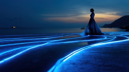 Illuminated beach with a woman silhouette during twilight, stunning seascape