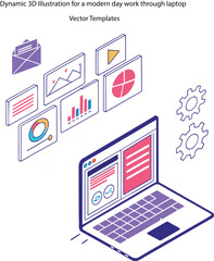Dynamic 3D Illustration for a modern day work through laptop Vector Templates