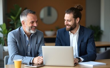 2 smiling executives using laptop discussing work. Busy colleagues talking on project strategy at meeting table. Two professional middle aged business man and woman managers in office. Authentic photo