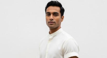 Fototapeta premium A young South Asian man stands confidently against a plain white background. He has short black hair and is wearing a white shirt with a collar.