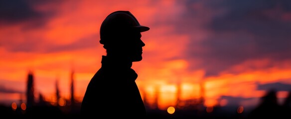 Industrial worker stands resolute bathed in the fierce glow of a fiery sunset.