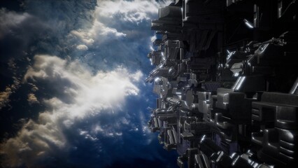 A sleek, metallic structure hovers in the vastness of space, catching the sunlight. Below, fluffy clouds create a dreamy atmosphere, enhancing the contrast of technology and nature.