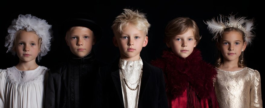 The children in costumes celebrate the event with vibrant and diverse outfits.