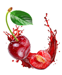 Cherries juice splash with cherry and slice retouched and isolated white background
