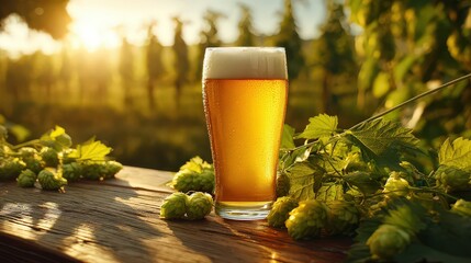 Golden Hour Beer Glass with Fresh Hops