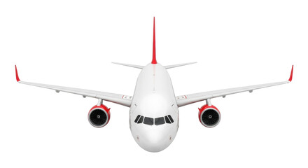 Isolated wide angle view of a passenger airplane flying straight on a clean backdrop © Ryan