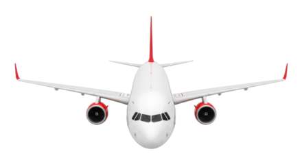 Isolated wide angle view of a passenger airplane flying straight on a clean backdrop
