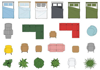 Top view furniture illustration, interior design elements, sofa and chair collection, bed and table set, decorative plants, modern home decor