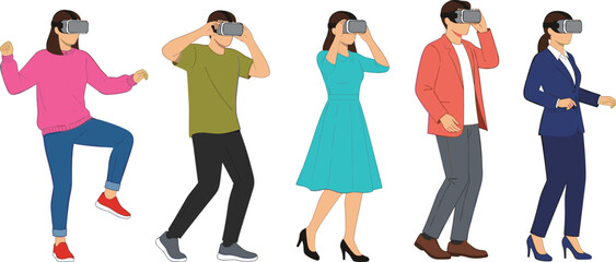 Virtual reality people illustration, VR headset users, immersive technology, digital lifestyle, modern innovation, interactive experience, diverse group, future tech concept