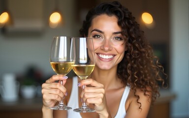 Happy woman holding two glasses of white wine. High quality