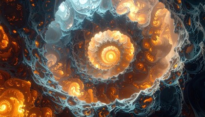 A mesmerizing fractal design features intricate, swirling patterns of light and shadow, culminating in a central, radiant focus.