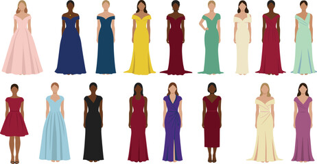 Women’s formal gown illustration, diverse fashion styles in colorful dresses, elegant evening wear, stylish clothing design, modern fashion vector collection