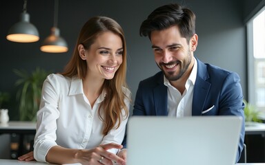 Busy business woman and man executive team people working on laptop in office. Two company managers discuss project looking pointing at laptop computer explaining or consulting sitting at work.