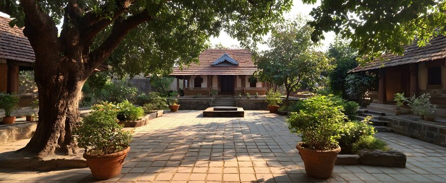 The ashram courtyard radiates calm and deep serenity within its timeless meditation spaces