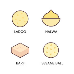 Traditional Asian dessert icon vector set, flat minimal sweet icons, ladoo halwa barfi sesame ball