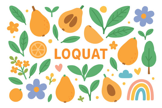 Colorful loquat illustration with leaves flowers and slices