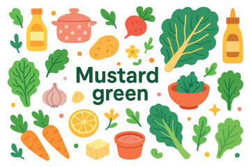 Colorful vegetable pattern featuring mustard greens and fresh ingredients