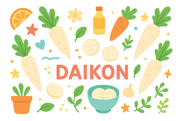 Colorful daikon composition with carrots, leaves, and sliced radishes