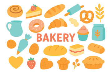 Colorful bakery items collection with bread, pastries, and desserts