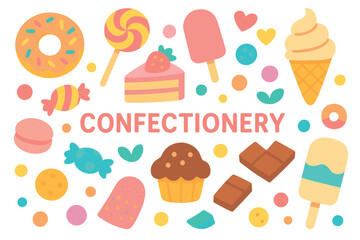 Colorful confectionery collection featuring donuts, ice cream, candy, and cakes