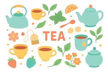 Colorful tea set with cups, kettle, teapot, and herbal elements