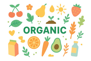 Colorful organic produce collection with fruits and vegetables icons