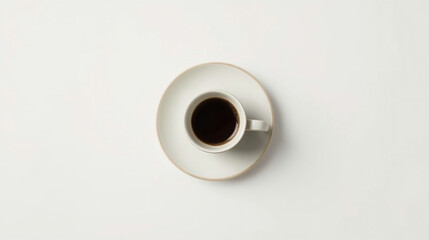 Top view coffee cup, minimalist white ceramic cup with black coffee on clean background